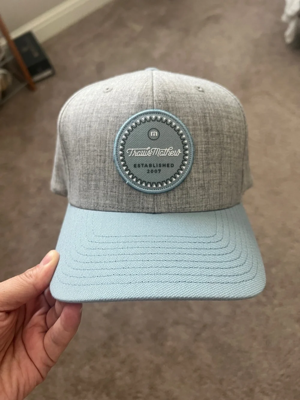 TravisMathew Grey & Light Blue Patch Cap